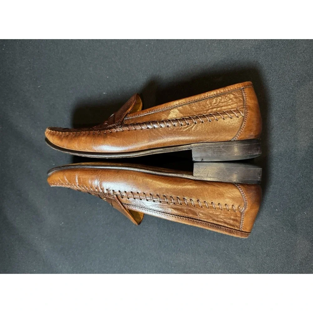 Vintage Florsheim Woven Leather Penny Loafers Brown Men's 8.5 D USA Style